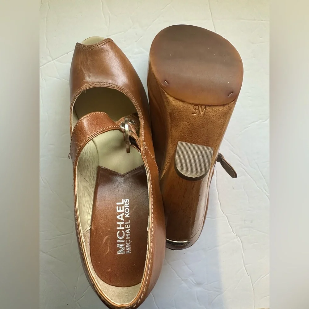 Michael Kors Hancock Platform Mary Jane Peep Toe Heel Cognac Brown - Size 9